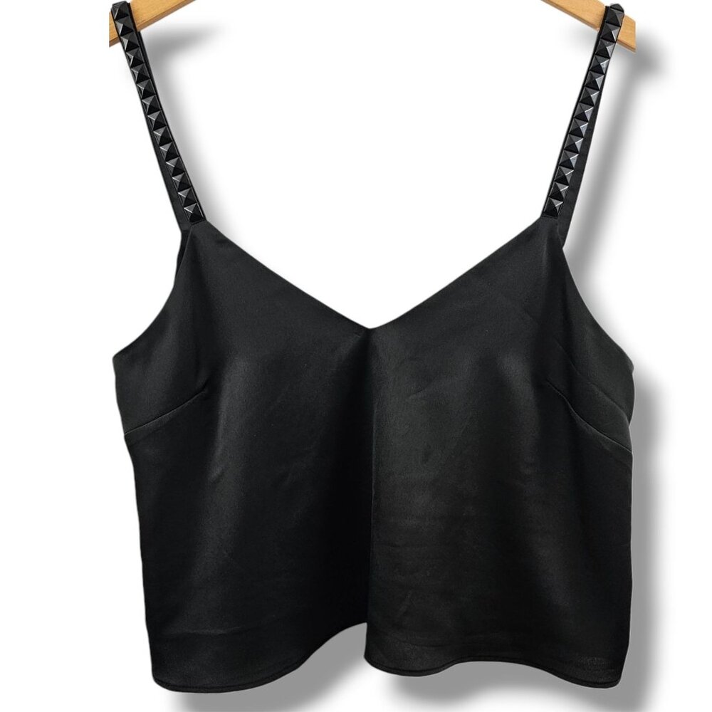 John John Satin‎ Black Sleeveless Tank Top Studded Straps Size M Goth Punk Vampy